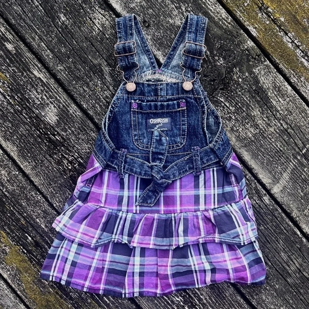 OshKosh B'gosh Overall Dress‎ Kids 18 Months Purple Plaid Denim EUC
